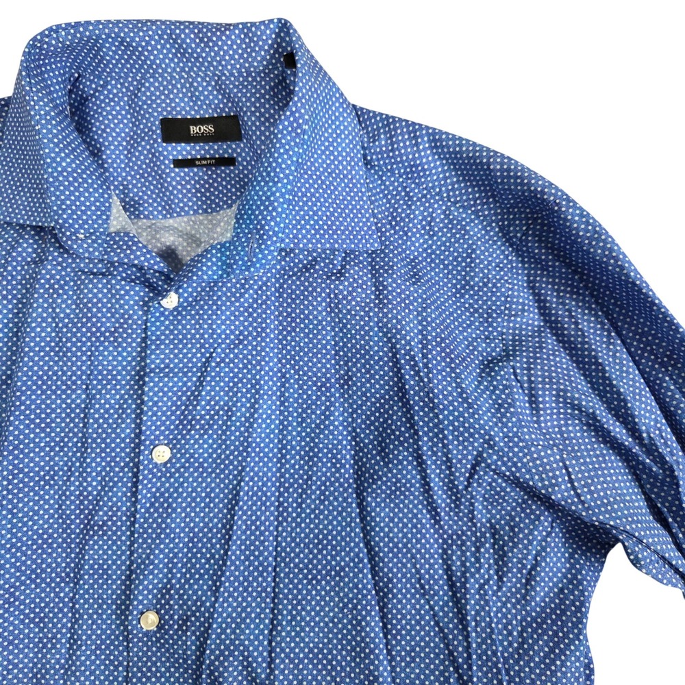 BOSS Hugo Boss Button Down Mens 16 Blue Excellent Polka Dot Slim Fit Italy